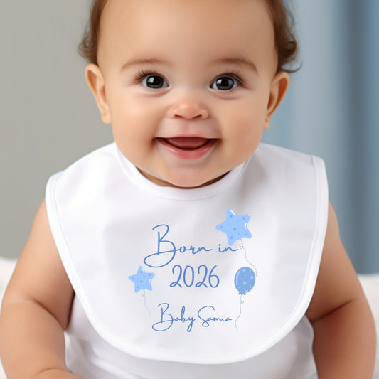 Personalised Born in 2026 Blue Balloons Baby Outfit: Bib, Vest, Baby Grow