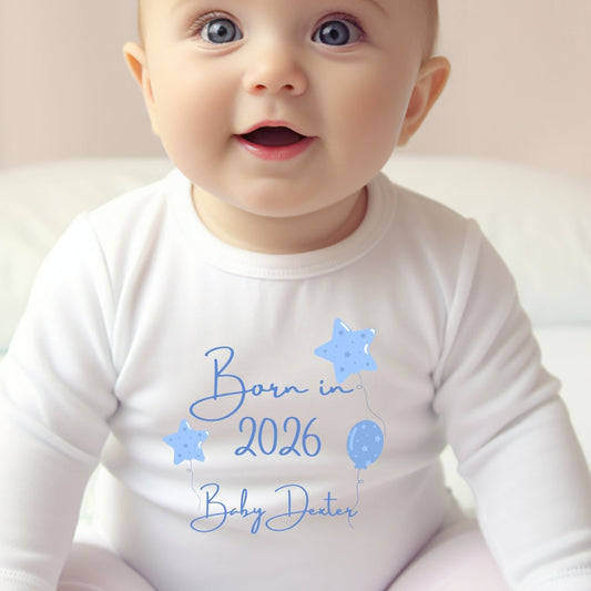 Personalised Born in 2026 Blue Balloons Baby Outfit: Bib, Vest, Baby Grow