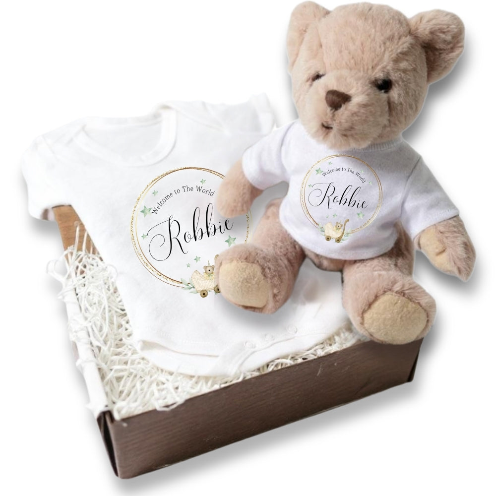 Personalised Welcome to the World Baby Gift Hamper - Teddy & Baby Vest