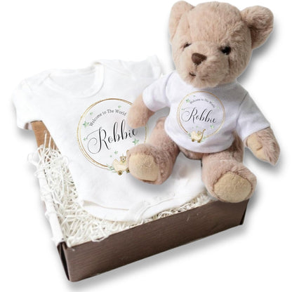 Personalised Welcome to the World Baby Gift Hamper - Teddy & Baby Vest