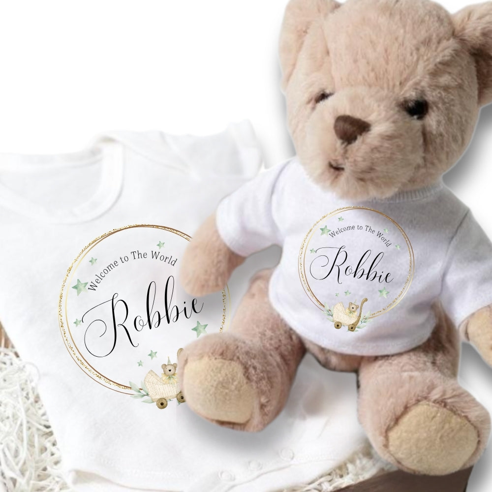 Personalised Welcome to the World Baby Gift Hamper - Teddy & Baby Vest